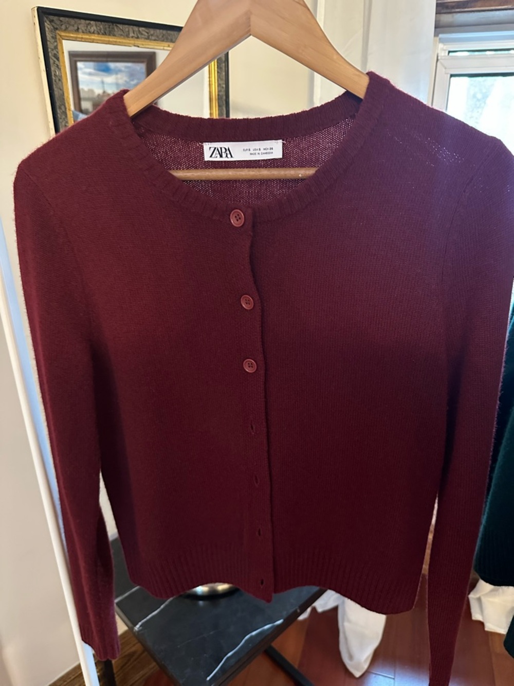 Zara Women's Dark Burgundy Button-Up Crewneck Cardigan